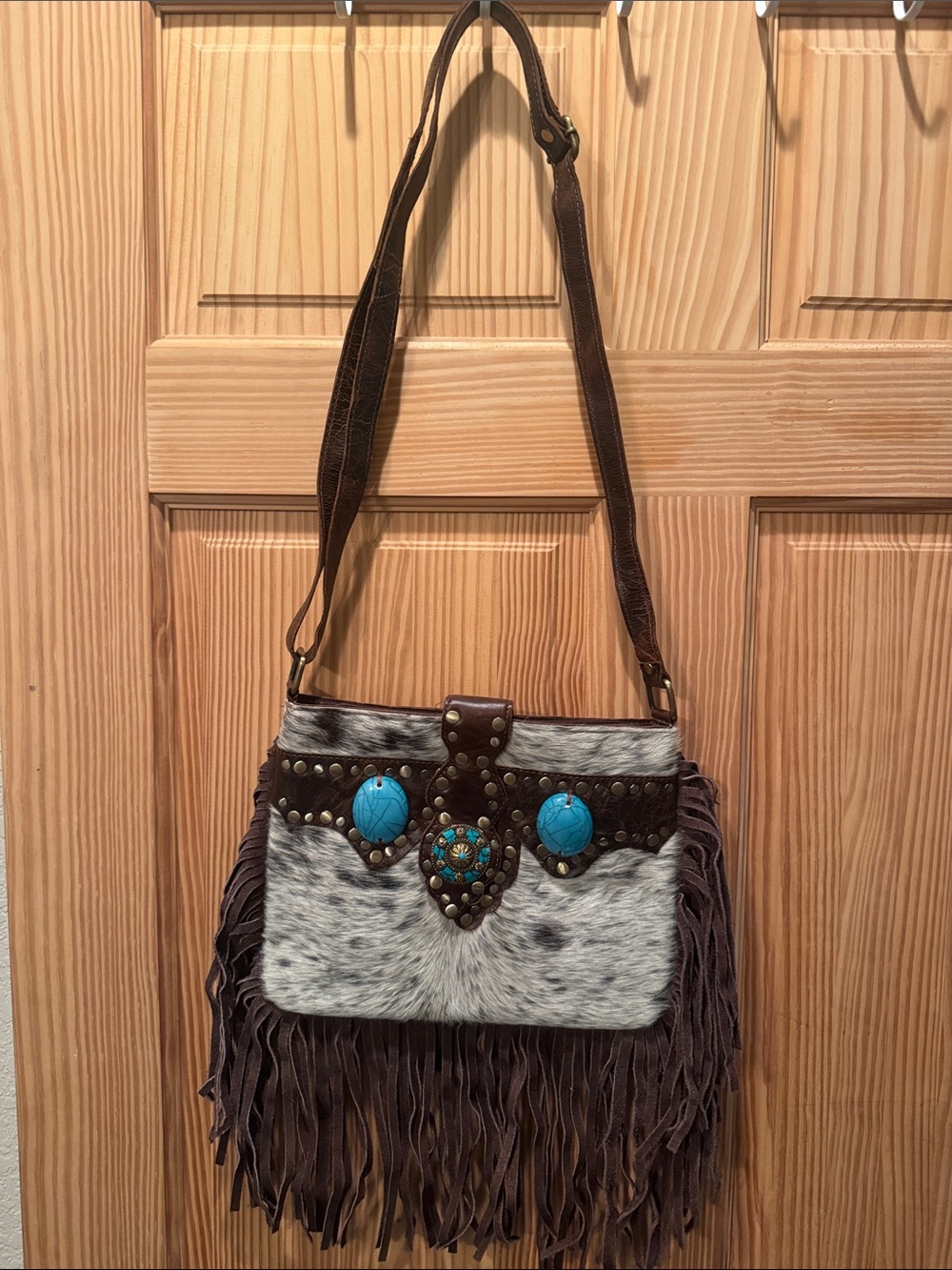 Brown Fringe Crossbody Bag with Turquoise Accents